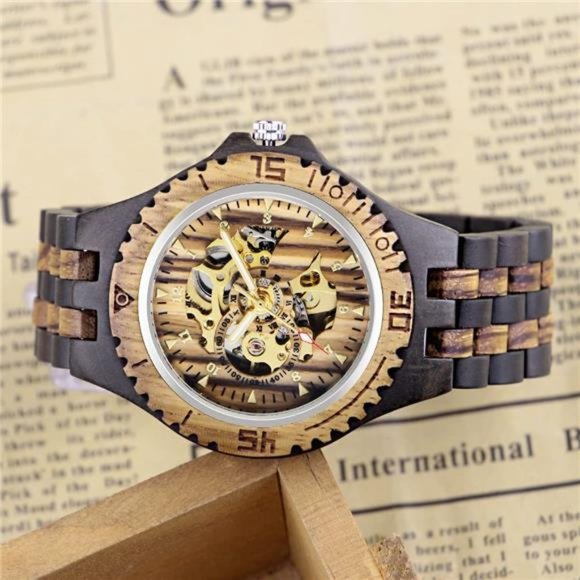 Men's Wooden Watch Skeleton Automatic Movement Wood Watch Self-Winding Watches - Picture 6 of 7